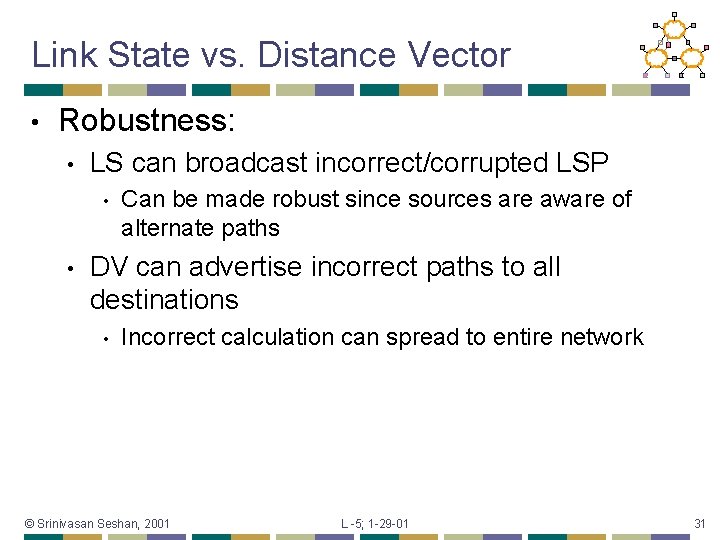 Link State vs. Distance Vector • Robustness: • LS can broadcast incorrect/corrupted LSP •