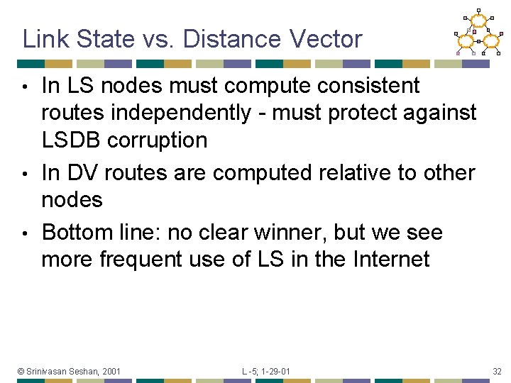 Link State vs. Distance Vector In LS nodes must compute consistent routes independently -