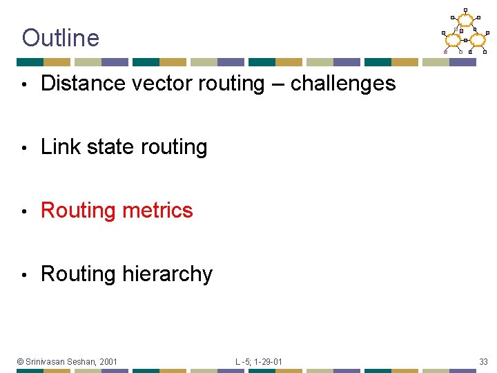 Outline • Distance vector routing – challenges • Link state routing • Routing metrics