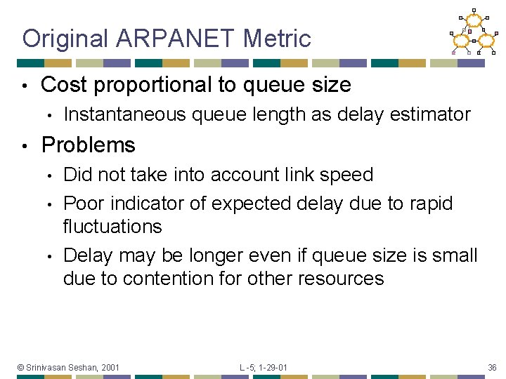 Original ARPANET Metric • Cost proportional to queue size • • Instantaneous queue length