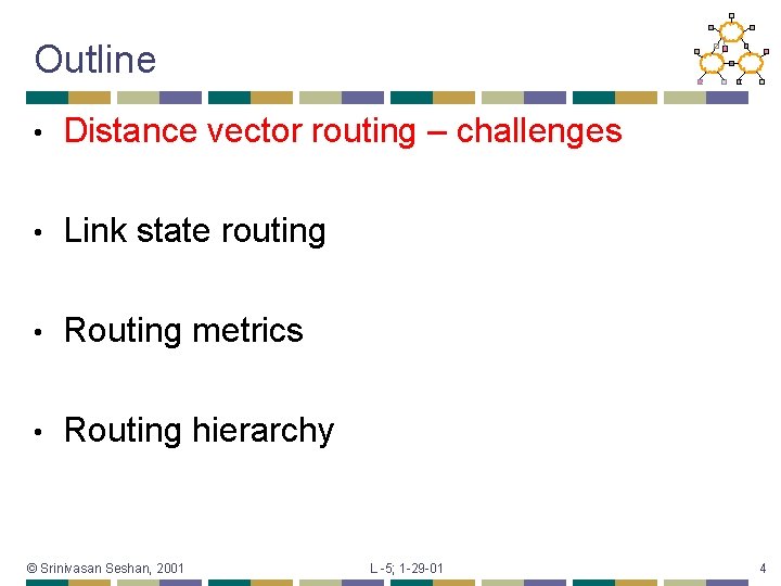 Outline • Distance vector routing – challenges • Link state routing • Routing metrics
