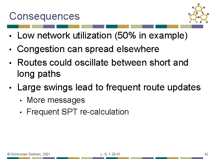 Consequences Low network utilization (50% in example) • Congestion can spread elsewhere • Routes