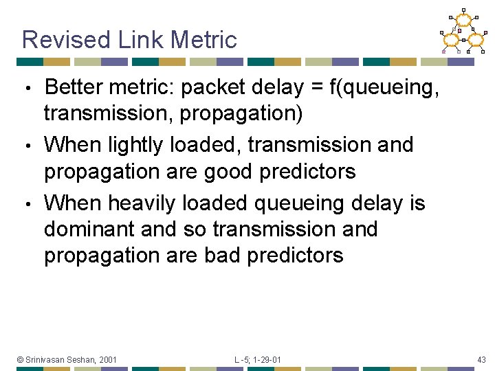 Revised Link Metric Better metric: packet delay = f(queueing, transmission, propagation) • When lightly