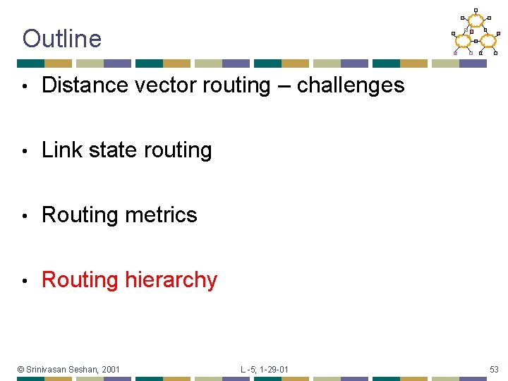 Outline • Distance vector routing – challenges • Link state routing • Routing metrics