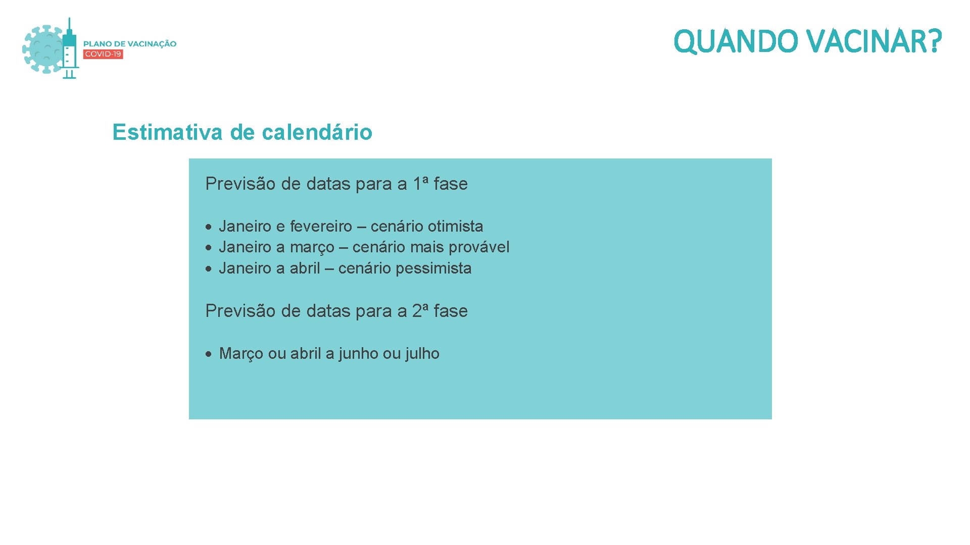 QUANDO VACINAR? Estimativa de calendário Previsão de datas para a 1ª fase Janeiro e