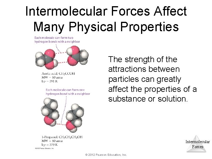 Intermolecular Forces Affect Many Physical Properties The strength of the attractions between particles can Intermolecular Forces Affect Many Physical Properties The strength of the attractions between particles can