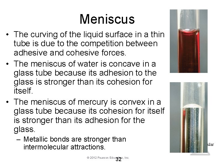 Meniscus • The curving of the liquid surface in a thin tube is due Meniscus • The curving of the liquid surface in a thin tube is due
