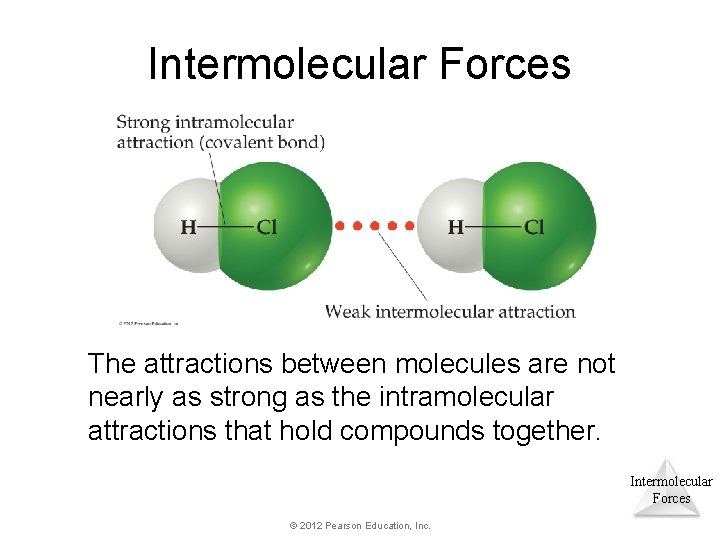 Intermolecular Forces The attractions between molecules are not nearly as strong as the intramolecular Intermolecular Forces The attractions between molecules are not nearly as strong as the intramolecular