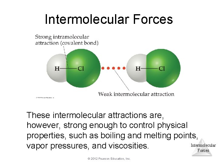 Intermolecular Forces These intermolecular attractions are, however, strong enough to control physical properties, such Intermolecular Forces These intermolecular attractions are, however, strong enough to control physical properties, such