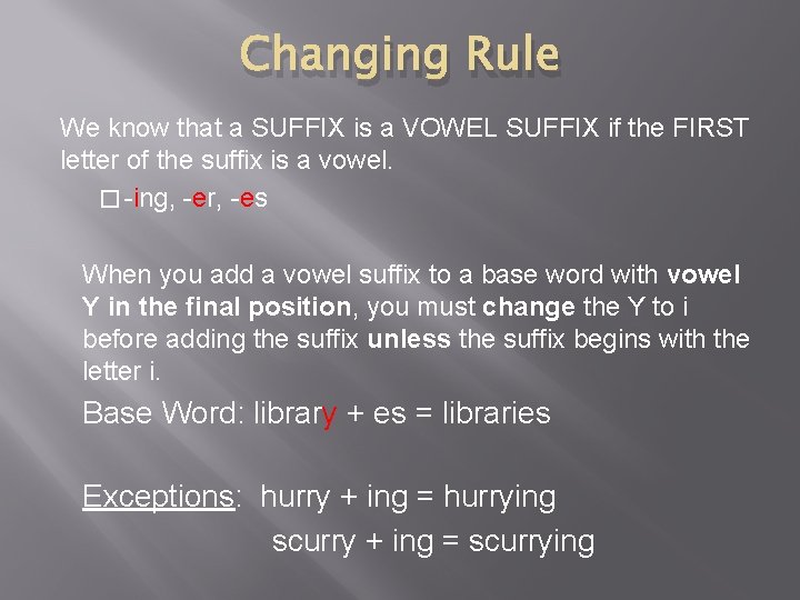 Changing Rule We know that a SUFFIX is a VOWEL SUFFIX if the FIRST