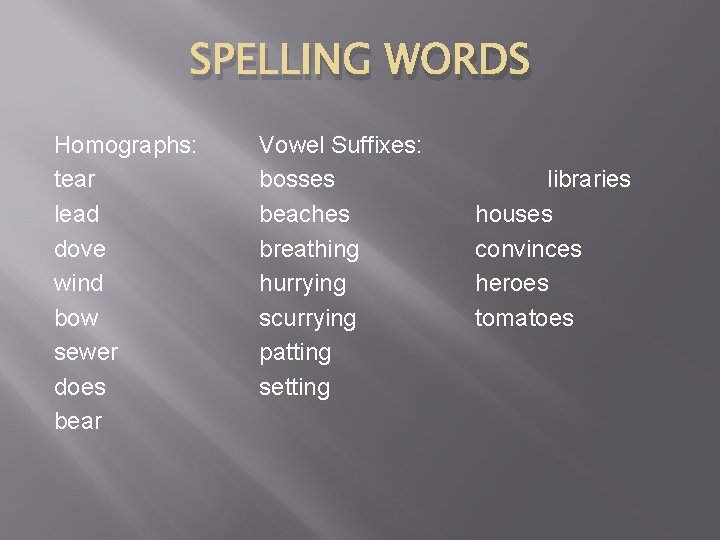 SPELLING WORDS Homographs: tear lead dove wind bow sewer does bear Vowel Suffixes: bosses