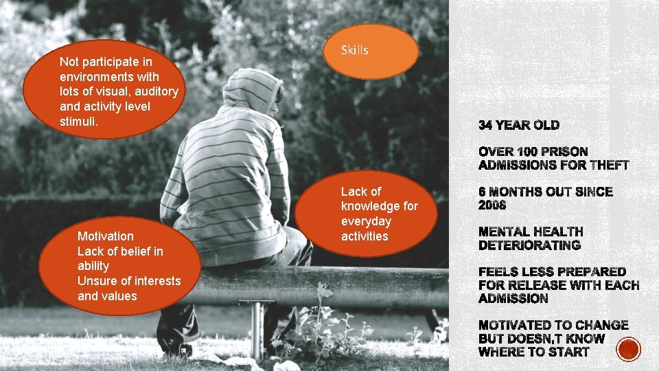 Not participate in environments with lots of visual, auditory and activity level stimuli. Motivation