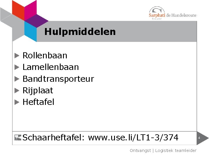 Hulpmiddelen Rollenbaan Lamellenbaan Bandtransporteur Rijplaat Heftafel Schaarheftafel: www. use. li/LT 1 -3/374 Ontvangst |