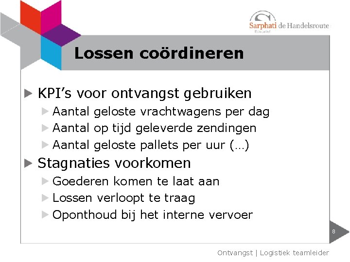 Lossen coördineren KPI’s voor ontvangst gebruiken Aantal geloste vrachtwagens per dag Aantal op tijd