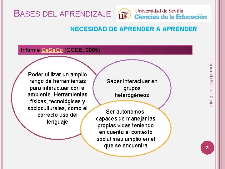 BASES DEL APRENDIZAJE NECESIDAD DE APRENDER A APRENDER Informe De. Se. Co (OCDE, 2005):