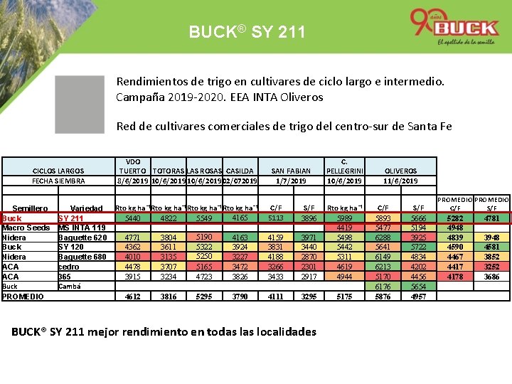 BUCK® SY 211 Rendimientos de trigo en cultivares de ciclo largo e intermedio. Campaña