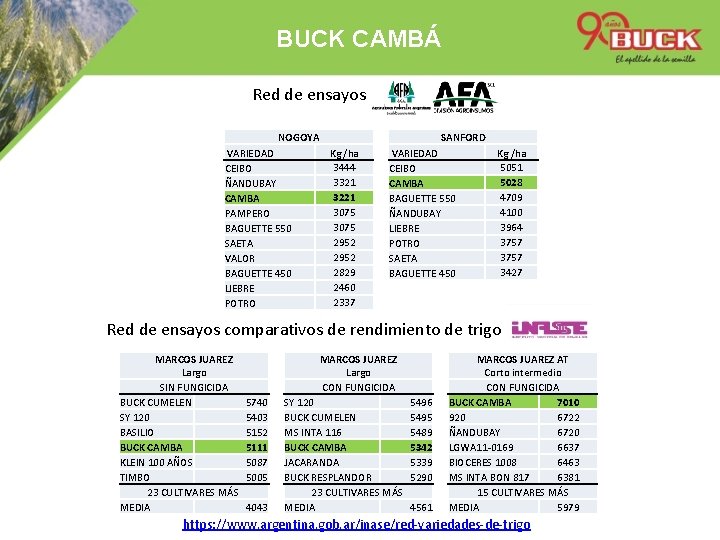 BUCK CAMBÁ Red de ensayos NOGOYA VARIEDAD Kg /ha 3444 CEIBO 3321 ÑANDUBAY 3221