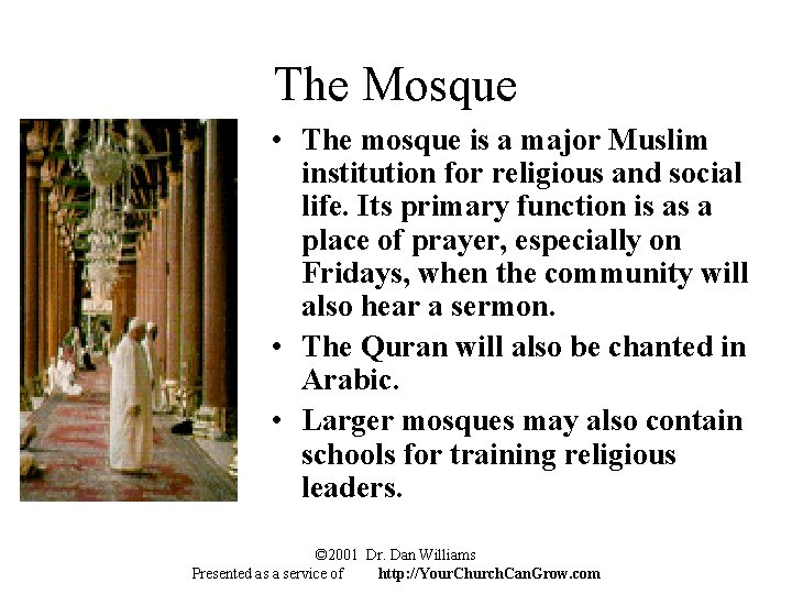 The Mosque • The mosque is a major Muslim institution for religious and social