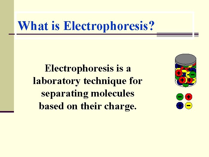 What is Electrophoresis? Electrophoresis is a laboratory technique for separating molecules based on their