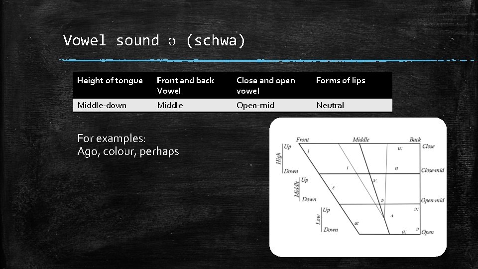 Vowel sound ə (schwa) Height of tongue Front and back Vowel Close and open