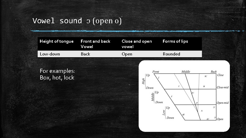 Vowel sound ɔ (open o) Height of tongue Front and back Vowel Close and