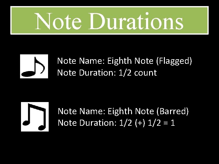 Note Durations Note Name: Eighth Note (Flagged) Note Duration: 1/2 count Note Name: Eighth