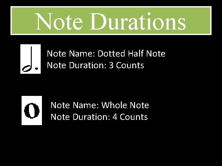 Note Durations Note Name: Dotted Half Note Duration: 3 Counts Note Name: Whole Note