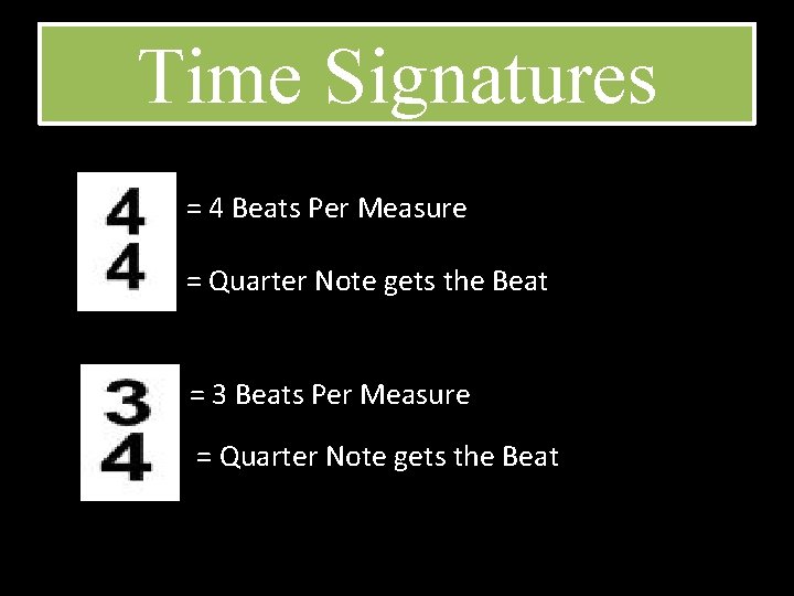 Time Signatures = 4 Beats Per Measure = Quarter Note gets the Beat =