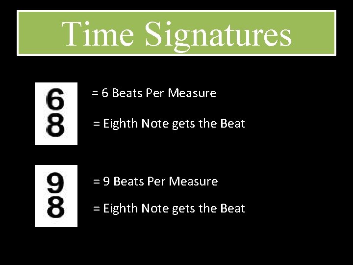 Time Signatures = 6 Beats Per Measure = Eighth Note gets the Beat =