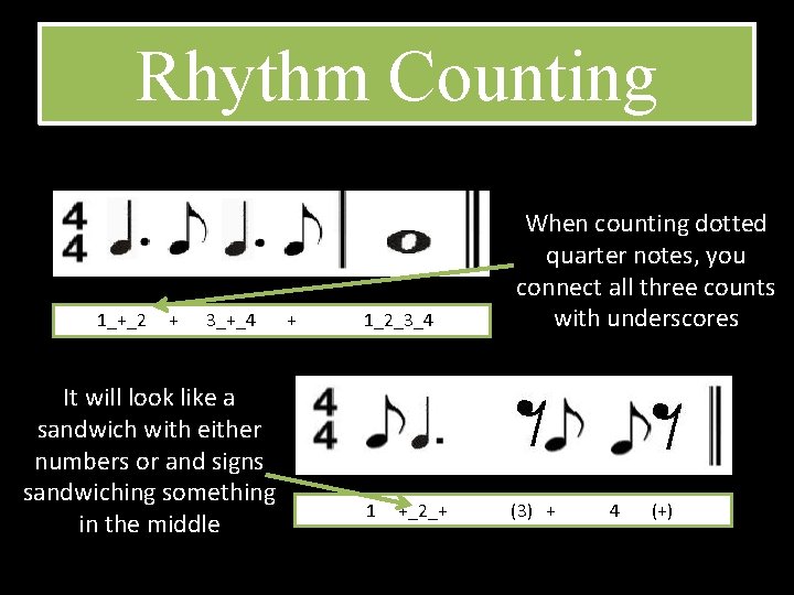 Rhythm Counting 1_+_2 + 3_+_4 It will look like a sandwich with either numbers