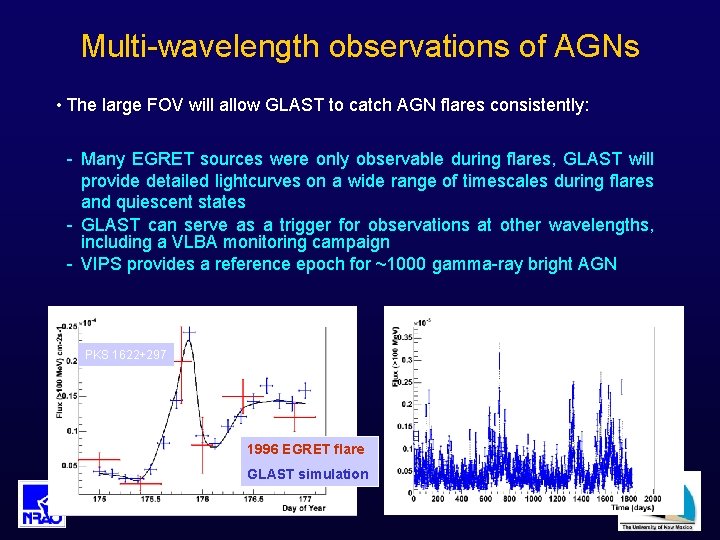 Multi-wavelength observations of AGNs • The large FOV will allow GLAST to catch AGN