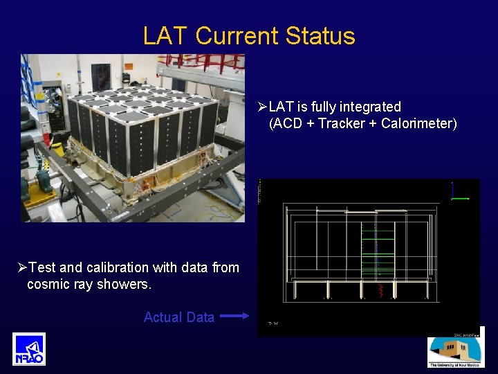 LAT Current Status ØLAT is fully integrated (ACD + Tracker + Calorimeter) ØTest and