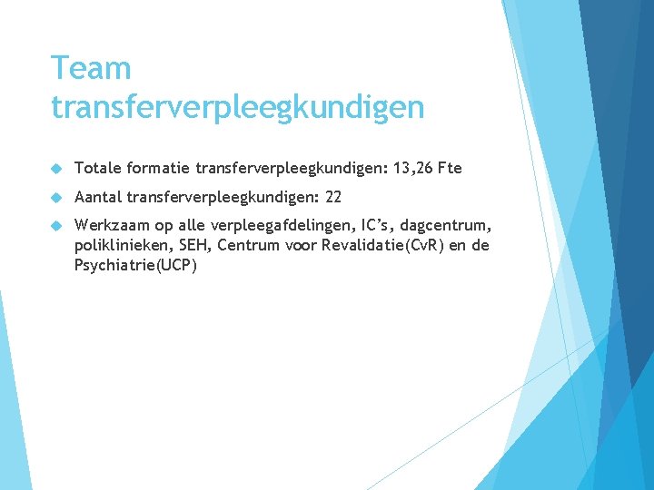 Team transferverpleegkundigen Totale formatie transferverpleegkundigen: 13, 26 Fte Aantal transferverpleegkundigen: 22 Werkzaam op alle