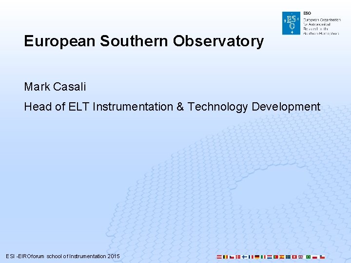 European Southern Observatory Mark Casali Head of ELT Instrumentation & Technology Development ESI -EIROforum