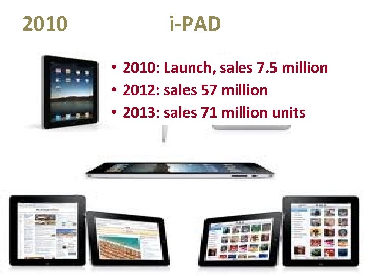 2010 i-PAD • 2010: Launch, sales 7. 5 million • 2012: sales 57 million