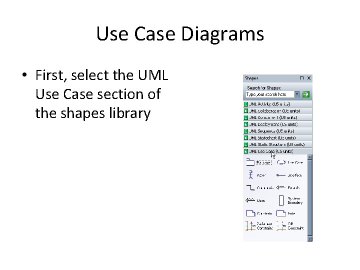 Use Case Diagrams • First, select the UML Use Case section of the shapes