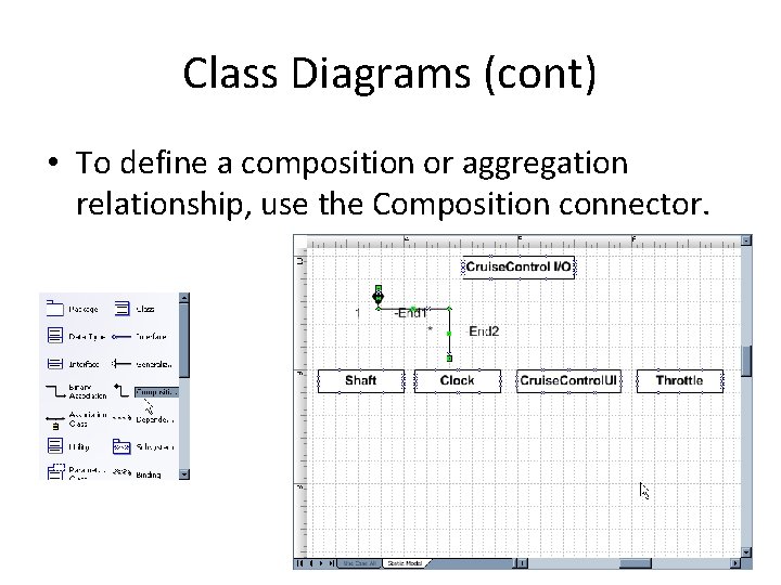 Class Diagrams (cont) • To define a composition or aggregation relationship, use the Composition