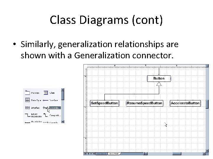 Class Diagrams (cont) • Similarly, generalization relationships are shown with a Generalization connector. 