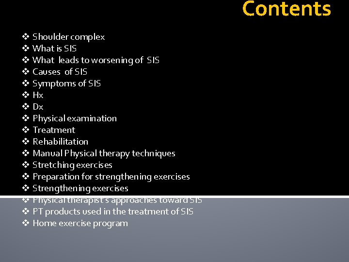 Contents v Shoulder complex v What is SIS v What leads to worsening of