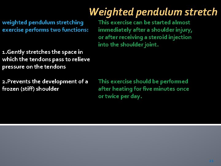 Weighted pendulum stretch weighted pendulum stretching exercise performs two functions: 1. Gently stretches the