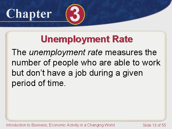 Chapter 3 Unemployment Rate The unemployment rate measures the number of people who are