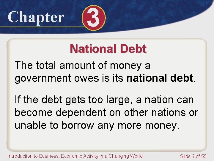 Chapter 3 National Debt The total amount of money a government owes is its