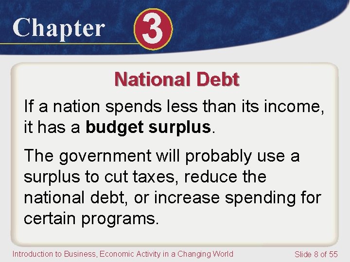 Chapter 3 National Debt If a nation spends less than its income, it has