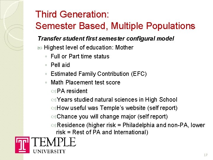 Third Generation: Semester Based, Multiple Populations Transfer student first semester configural model Highest level
