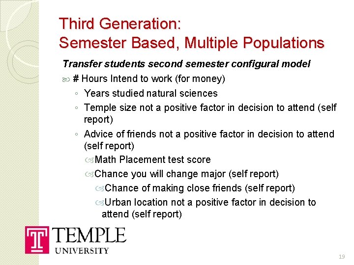 Third Generation: Semester Based, Multiple Populations Transfer students second semester configural model # Hours