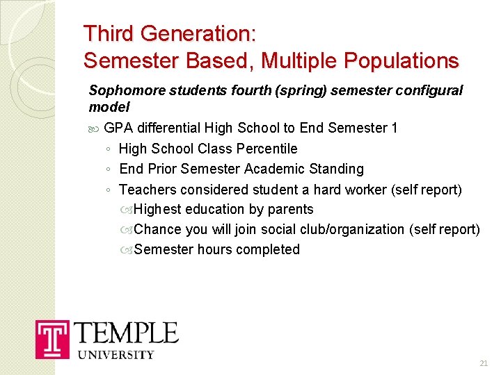 Third Generation: Semester Based, Multiple Populations Sophomore students fourth (spring) semester configural model GPA