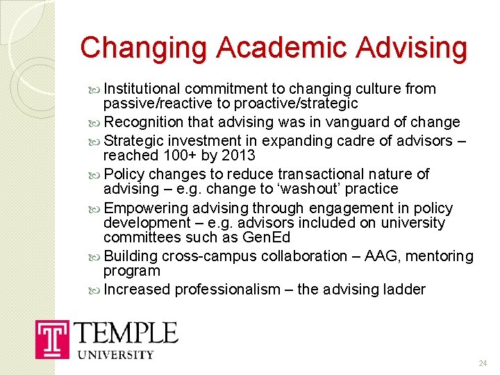 Changing Academic Advising Institutional commitment to changing culture from passive/reactive to proactive/strategic Recognition that