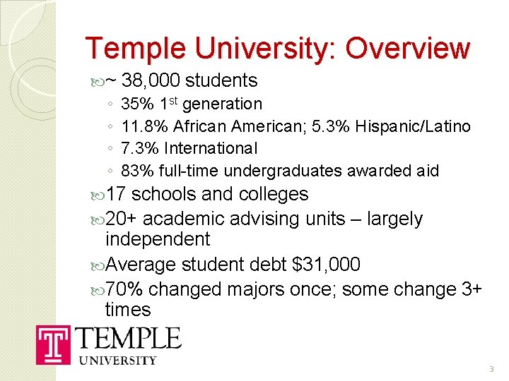 Temple University: Overview ~ 38, 000 students ◦ ◦ 35% 1 st generation 11.