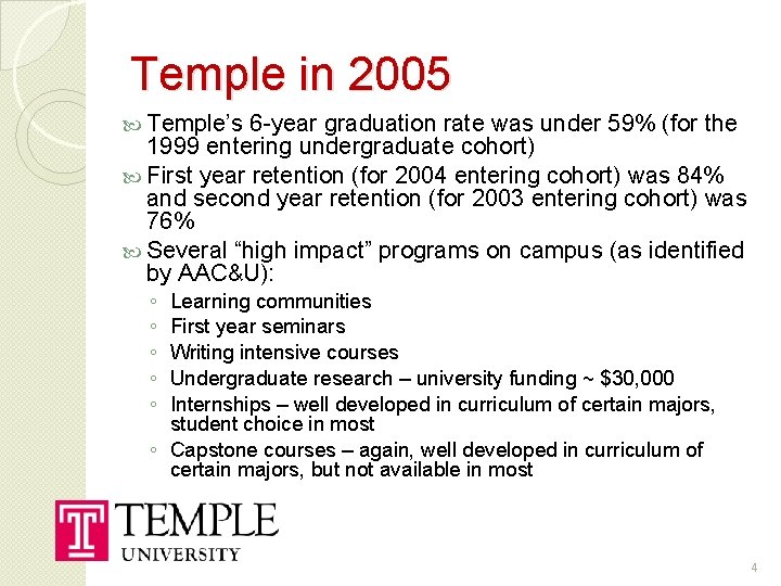 Temple in 2005 Temple’s 6 -year graduation rate was under 59% (for the 1999