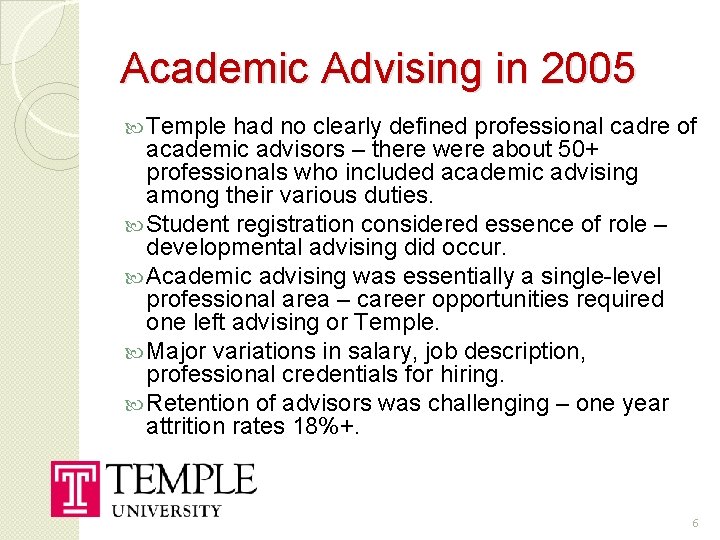 Academic Advising in 2005 Temple had no clearly defined professional cadre of academic advisors